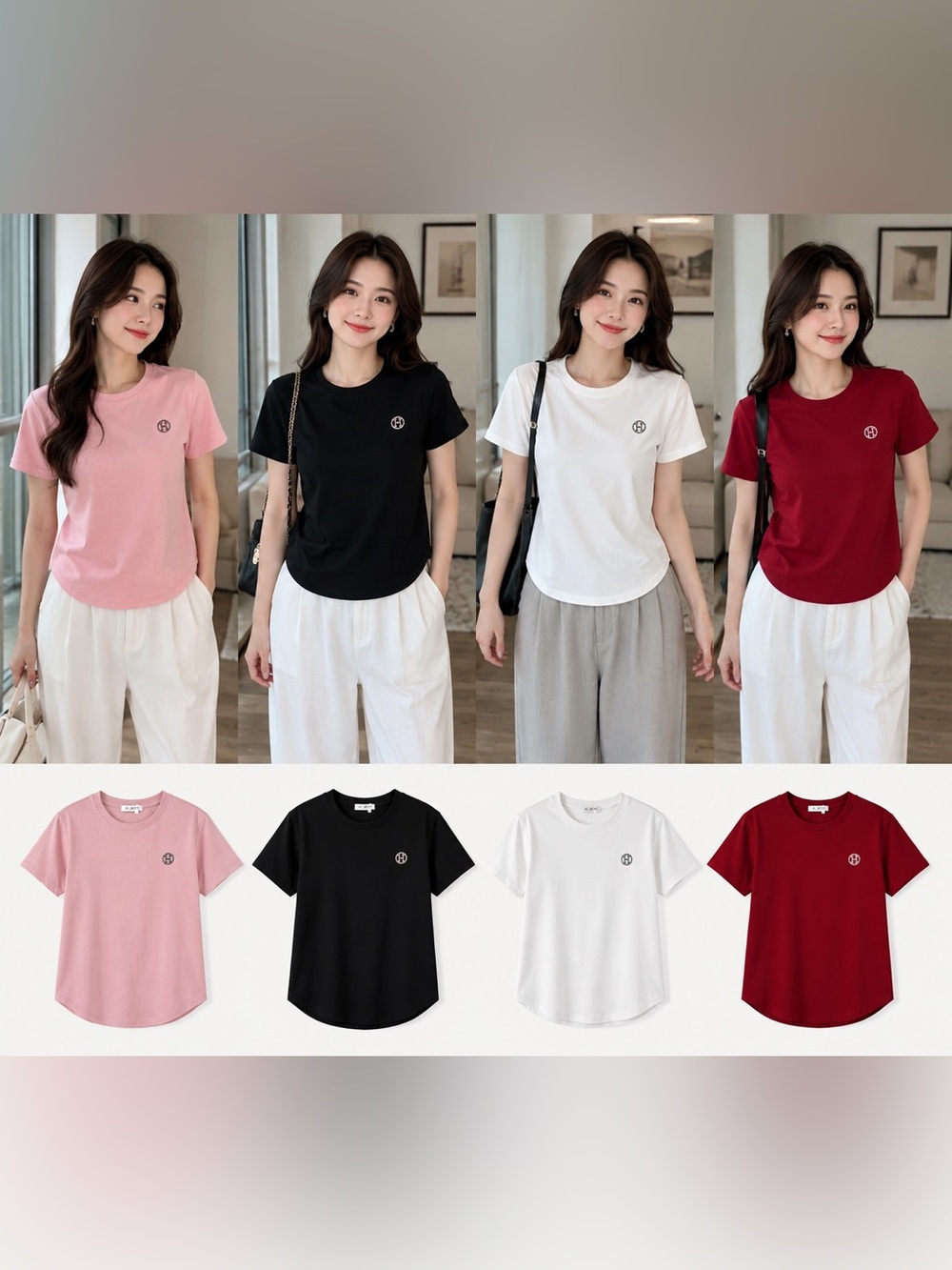 Essential Crewneck Short-Sleeve Tee - Pink, Black, White, Burgundy